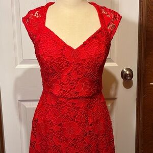 Guess Red Floral Lace Midi Dress